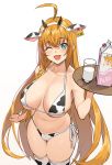  1girl ;d ahoge animal_ears animal_print aqua_eyes bikini blush breasts collarbone commentary_request cow_ears cow_horns cow_print ear_tag eyebrows_visible_through_hair fake_animal_ears glass gradient gradient_background hairband highres holding horns icarus_(632247131) large_breasts long_hair looking_at_viewer milk milk_carton navel one_eye_closed open_mouth orange_hair pecorine_(princess_connect!) princess_connect! princess_connect!_re:dive smile solo swimsuit thighhighs white_background white_hairband white_legwear 