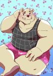  2020 anthro belly blush bottomwear clothing fur hi_res humanoid_hands male mammal overweight overweight_anthro overweight_male realiron_(artist) shirt shorts sitting solo topwear ursid white_body white_fur 