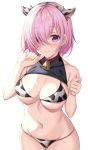  1girl animal_ears animal_print bangs bare_shoulders bell bell_collar bikini blush breasts cleavage collar cow_ears cow_horns cow_print fate/grand_order fate_(series) hair_over_one_eye hairband harimoji horns large_breasts light_purple_hair looking_at_viewer mash_kyrielight navel purple_eyes short_hair simple_background smile swimsuit white_background white_bikini 