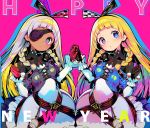  2girls alyce_(dohna_dohna) black_bodysuit black_gloves blonde_hair blue_eyes bodysuit bodysuit_under_clothes braid checkered clock collarbone dark_skin dohna_dohna dress eyepatch frilled_sleeves frills gloves hair_ornament hairband happy_new_year head_tilt holding_hands long_sleeves looking_at_viewer multiple_girls new_year open_mouth pink_background pink_gloves shunin siblings side_braids simple_background sisters twins white_dress yami_(dohna_dohna) 