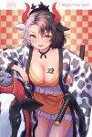  1girl 2021 animal animal_ears animal_print black_hair body_writing breasts checkered checkered_background cleavage cow cow_ears cow_girl cow_horns cow_print happy_new_year horns japanese_clothes looking_at_viewer medium_breasts multicolored_hair new_year red_eyes roke_(taikodon) sheath sheathed short_hair smile sword tail touhou two-tone_hair ushizaki_urumi weapon white_hair 