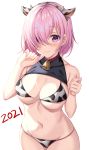  1girl 2021 animal_ears animal_print bangs bare_shoulders bell bell_collar bikini blush breasts cleavage collar cow_ears cow_horns cow_print fate/grand_order fate_(series) hair_over_one_eye hairband harimoji horns large_breasts light_purple_hair looking_at_viewer mash_kyrielight navel purple_eyes short_hair simple_background smile swimsuit white_background white_bikini 