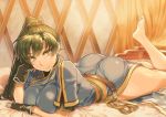  1girl ass asymmetrical_bangs bangs barefoot belt black_gloves blush breasts closed_mouth earrings feet_up fingerless_gloves fire_emblem fire_emblem:_the_blazing_blade gloves green_eyes green_hair high_ponytail jewelry large_breasts long_hair looking_at_viewer lying lyn_(fire_emblem) obi on_stomach ponytail sash sepia shinon_(tokage_shuryou) short_sleeves side_slit smile thighs 