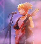  1girl absurdres cable choker concert dvach-tan electric_guitar everlasting_summer guitar highres instrument jacket melloncollie-chan microphone music open_clothes open_mouth orange_hair playing_instrument plectrum singing smile solo stratocaster undershirt visual_novel 