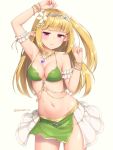  2020 accessory blonde_hair bottomwear bracelet breasts circlet cleavage clothed clothing elf female flower flower_in_hair hair hair_accessory half-closed_eyes humanoid humanoid_pointy_ears jewelry narrowed_eyes navel not_furry pink_eyes plant sand-rain simple_background skirt solo white_background 
