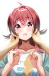  1girl absurdres ahoge animal_print bear_print blush commentary_request hands_on_another&#039;s_cheeks hands_on_another&#039;s_face highres idolmaster idolmaster_shiny_colors komiya_kaho long_hair long_sleeves looking_at_viewer pov pov_hands print_shirt red_eyes red_hair shirt solo_focus tera2001 upper_body white_background 