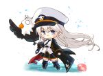  &gt;:) 1girl afloat artist_name azur_lane bald_eagle bangs belt bird black_jacket black_legwear black_neckwear black_skirt breasts chibi coat commentary_request eagle eagle_union_(emblem) enterprise_(azur_lane) eyebrows_visible_through_hair full_body hat highres jacket large_breasts long_hair looking_at_viewer necktie ocean peaked_cap pleated_skirt purple_eyes revision shirt signature silver_eyes silver_hair simple_background skirt smile taisa_(kari) thighhighs very_long_hair white_background white_hair white_shirt wind zettai_ryouiki 