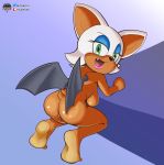  all_fours anthro breasts butt chiropteran feet female fours_(artist) genitals hanging_breasts hi_res lipstick looking_at_viewer makeup mammal mascara orange_body orange_skin pussy rouge_the_bat soles solo sonic_the_hedgehog_(series) wings 