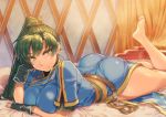  1girl ass asymmetrical_bangs bangs barefoot belt black_gloves blush breasts closed_mouth earrings feet_up fingerless_gloves fire_emblem fire_emblem:_the_blazing_blade gloves green_eyes green_hair high_ponytail jewelry large_breasts long_hair looking_at_viewer lying lyn_(fire_emblem) obi on_stomach ponytail sash shinon_(tokage_shuryou) short_sleeves side_slit smile thighs 