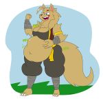  1:1 2020 3_toes 4_fingers absurd_res after_vore anthro anthro_pred armlet belly belt big_belly big_breasts big_tail black_bottomwear black_clothing black_eyebrows black_nose black_pants black_pupils blue_eyes bottomwear breasts brown_body brown_fur canid canine canis claws clothed clothing crop_top day death digestion dragovian15 eyebrows fatal_vore female female_pred fingers fist fluffy fluffy_tail fur fur_markings gameplay_mechanics gold_(metal) gold_jewelry grass hand_on_stomach hi_res humanoid_hands jewelry leg_wrap mac-daddy mammal markings navel open_mouth outside pants plant plantigrade pupils raised_eyebrow sharp_teeth shirt signature sky sleeveless slit_pupils soft_vore solo standing teeth toes tongue topwear vore white_claws wolf wraps wrist_wraps 
