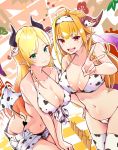  2girls ahoge alternate_costume animal_ears animal_print bangs bare_shoulders bikini bikini_bottom bikini_top blonde_hair blunt_bangs blush braid breast_press breasts chinese_zodiac collarbone commentary_request cow_ears cow_print demon_girl demon_horns demon_wings dragon_girl dragon_horns dragon_tail eyebrows_visible_through_hair eyes_visible_through_hair fake_animal_ears front-tie_bikini front-tie_top green_eyes hair_ornament hairband hand_on_hip highlights highres hololive horns kiryuu_coco large_breasts long_hair multicolored multicolored_hair multiple_girls navel new_year open_clothes open_mouth open_shorts orange_hair panties panty_straps pointy_ears red_eyes scales short_shorts shorts single_braid smile streaked_hair succubus swimsuit tail thighhighs underwear v v_arms virtual_youtuber wings year_of_the_ox yuyaiyaui yuzuki_choco 