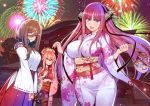  3girls :d :t bag bangs blue_eyes blunt_bangs breasts brown_hair butterfly_hair_ornament candy_apple cowboy_shot eating fireworks floral_print food furisode go-toubun_no_hanayome gradient_hair hair_between_eyes hair_ornament hair_over_one_eye hakama headphones headphones_around_neck highres hip_vent holding holding_bag holding_food japanese_clothes kimono kosmos_beta large_breasts long_hair long_sleeves miko multicolored_hair multiple_girls nakano_itsuki nakano_miku nakano_nino night open_mouth outdoors own_hands_together pink_hair pink_kimono pouch print_kimono purple_hair red_hair red_hakama red_kimono shrine siblings sisters smile star_(symbol) star_hair_ornament underbust very_long_hair white_kimono wide_hips wide_sleeves 