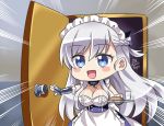  1girl :d apron artist_name azur_lane bangs belfast_(azur_lane) blue_eyes blush braid breasts broken broken_chain chain chibi cinderella_girls_gekijou cleavage collar commentary_request cup eyebrows_visible_through_hair food french_braid frilled_apron frilled_gloves frills gloves hair_between_eyes holding holding_tray large_breasts long_hair maid maid_apron maid_headdress maroonabyss open_door open_mouth opening_door parody sidelocks signature silver_hair smile spanish_commentary tray white_apron white_gloves 