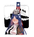  1girl 3107_(satona) american_flag bangs black_neckwear blue_hair blush breasts closed_eyes flag grin headgear highres kantai_collection long_hair medium_breasts multicolored_hair necktie red_hair shirt short_sleeves smile solo south_dakota_(kantai_collection) star_(symbol) upper_body watercraft white_hair white_shirt 