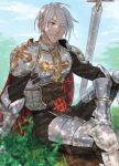  1boy armor armored_boots bangs blue_eyes blurry boots breastplate closed_mouth cloud commentary_request cross dappled_sunlight day depth_of_field eyebrows_visible_through_hair eyes_visible_through_hair gauntlets grass hair_between_eyes hair_over_one_eye highres hikarusorano leg_armor looking_to_the_side lord_knight_(ragnarok_online) male_focus outdoors pauldrons ragnarok_online shade short_hair shoulder_armor sitting solo sunlight sword tabard weapon white_hair 