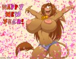  anthro bessie_(zp92) big_breasts bottomwear bovid bovine breasts clothed clothing collar confetti cowbell cutoffs daisy_dukes denim denim_clothing english_text eyes_closed female hi_res holidays hotpants mammal new_year nipples raised_arms shorts solo tail_tuft text topless tuft zp92 