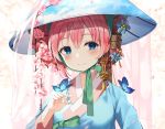 1girl blue_eyes blue_kimono blush breasts bug butterfly butterfly_on_hand cherry_blossoms closed_mouth eyebrows_visible_through_hair flower green_ribbon hair_between_eyes hat highres insect japanese_clothes kimono looking_at_viewer megurine_luka pink_flower pink_hair ribbon ruda_(ruda_e) short_hair small_breasts smile solo upper_body vocaloid 