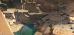  1boy assassin&#039;s_creed:_origins assassin&#039;s_creed_(series) bare_tree bayek bush cliff cloak commentary_request darkhikari day desert egyptian from_above from_behind full_body highres outdoors platform pond rock scenery shield solo standing stone tree ubisoft water watermark white_cloak wood wooden_bridge 