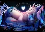  2018 anthro boss_monster bovid bra caprine catcouch clothing digital_media_(artwork) dildo english_text eyewear female glasses horn looking_at_viewer lying mammal navel sex_toy solo strapon text thick_thighs toriel undertale underwear video_games 