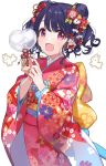  1girl balloon black_hair bow bunny bunny_hair_ornament chiri_(ch!) double_bun fang floral_print flower fukumaru_koito hair_bow hair_flower hair_ornament idolmaster idolmaster_shiny_colors japanese_clothes kimono looking_at_viewer open_mouth print_kimono purple_eyes red_kimono short_hair skin_fang solo symbol_commentary white_background wide_sleeves 