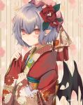  1girl :/ alternate_costume bangs bat_wings blush commentary_request eyebrows_visible_through_hair floral_print flower hair_between_eyes hair_flower hair_ornament hat japanese_clothes kimono looking_at_viewer mob_cap obi parted_lips pink_eyes pink_headwear pointy_ears purple_hair red_kimono remilia_scarlet rose sash shiromoru_(yozakura_rety) short_hair signature slit_pupils solo touhou upper_body wide_sleeves wings 