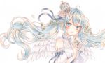  1girl :o angel_wings aqua_eyes aqua_hair blue_ribbon crown detached_sleeves feathered_wings flower frills hair_between_eyes hatsune_miku highres marker_(medium) open_mouth paruno pink_flower pink_rose ribbon rose solo traditional_media twintails vocaloid white_background white_sleeves white_wings wings 