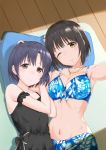  2girls ;) arm_strap armpits bangs bare_shoulders bikini black_bow black_dress black_hair blue_bikini blush bow breasts brown_eyes cleavage collarbone commentary_request cowboy_shot dress eyebrows_visible_through_hair flat_chest groin hair_between_eyes highres idolmaster idolmaster_cinderella_girls jewelry large_breasts looking_at_viewer lying midriff multiple_girls navel necklace on_back one_eye_closed outstretched_arm pillow self_shot shadow shiragiku_hotaru short_hair sidelocks sleeveless sleeveless_dress smile swimsuit takafuji_kako uturo_dameningen wooden_floor yellow_eyes 