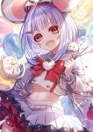  1girl :d animal_ears azalea4 bangs blunt_bangs eyebrows_visible_through_hair frilled_skirt frills granblue_fantasy heart looking_at_viewer midriff mouse mouse_ears navel open_mouth red_eyes short_hair silver_hair skirt smile solo vikala_(granblue_fantasy) white_skirt wide_sleeves 