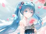  1girl bangs blue_eyes blue_hair blush cloud day eyebrows_visible_through_hair falling_petals flat_chest floral_print flower hair_between_eyes hatsune_miku holding holding_flower iren_lovel light_smile long_hair looking_at_viewer parted_lips petals pink_flower pink_rose rose see-through_shirt sky solo tassel twintails upper_body very_long_hair vocaloid 