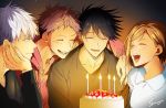  ^_^ bangs birthday_cake black_hair black_shirt blue_eyes brown_hair cake candle closed_eyes collarbone facial_mark food fushiguro_megumi gofushisuki gojou_satoru head_rest highres hood hood_down hoodie itadori_yuuji jujutsu_kaisen kugisaki_nobara long_sleeves looking_at_another multiple_boys open_mouth pink_hair profile red_hoodie shirt short_hair signature smile spiked_hair swept_bangs undercut upper_body white_hair white_shirt 