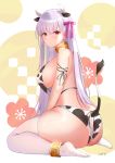  1girl animal_ears animal_print ass back bangs blush breasts cow_ears cow_horns cow_print cow_tail earrings fate/grand_order fate_(series) hair_ribbon horns jewelry kama_(fate/grand_order) large_breasts long_hair looking_at_viewer neck_ring red_eyes ribbon sideboob silver_hair sitting tail thighhighs thighs wariza white_legwear yamamura_umi 