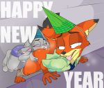  2021 anal anthro clothed clothing crouching disney duo english_text female female_rimming_male hat headgear headwear hi_res high-angle_view holidays judy_hopps licking looking_at_another looking_back looking_pleasured male male/female necktie new_year nick_wilde oral party_hat rimming sex standing text tinydevilhorns tongue tongue_out zootopia 