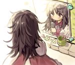 1boy 1girl bathroom brown_eyes brown_hair cup freckles fuupu highres holding holding_brush indoors kirby&#039;s_dream_land kirby_(series) kirby_64 messy_hair mirror motion_lines ripple_star_queen solo tile_wall tiles 