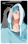  1boy absurdres black_background blue_hair bracelet cape cigarette closed_mouth collarbone cu_chulainn_(fate)_(all) cu_chulainn_(fate/grand_order) earrings expressionless fate/grand_order fate_(series) fur-trimmed_hood fur_trim highres holding holding_cigarette hood hood_up hooded_cape ima_yonderu jewelry long_hair looking_at_viewer male_focus red_eyes simple_background skin_tight smoke solo spiked_hair type-moon 