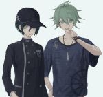  2boys amami_rantarou antenna_hair bangs baseball_cap black_hair black_headwear black_jacket brown_eyes commentary_request danganronpa_(series) danganronpa_v3:_killing_harmony double-breasted earrings green_eyes green_hair grey_background hair_between_eyes hand_on_own_neck hat highres iumi_urura jacket jewelry long_sleeves looking_at_viewer male_focus multiple_boys necklace open_mouth saihara_shuuichi short_sleeves simple_background smile striped_jacket upper_body upper_teeth 