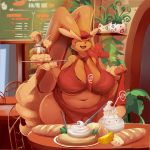  1:1 anthro belly big_belly big_breasts blush bread breasts chair clothed clothing colored dessert detailed_background eyes_closed female food furniture half-length_portrait hat headgear headwear hi_res holding_object huge_breasts huge_hips hurikata inside light lighting lopunny nintendo obese obese_anthro obese_female open_mouth open_smile overweight overweight_anthro overweight_female plant pok&eacute;mon pok&eacute;mon_(species) portrait red_clothing red_hat red_headwear shaded smile solo table thick_thighs video_games 