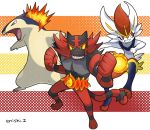  cinderace commentary_request creature enishi_(menkura-rin10) gen_2_pokemon gen_7_pokemon gen_8_pokemon highres incineroar looking_at_viewer no_humans pokemon pokemon_(creature) signature striped striped_background typhlosion 