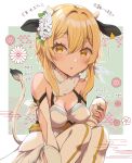  1girl animal_ears bare_shoulders blonde_hair blush bottle breasts cleavage cow_ears cow_tail dress flower genshin_impact hair_flower hair_ornament happy_new_year hokeki_yougu looking_at_viewer lumine_(genshin_impact) milk milk_bottle new_year open_mouth scarf sidelocks solo tail thighhighs yellow_eyes 