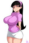  1girl arms_behind_back artist_name black_hair blue_eyes breasts commentary highres jmg large_breasts long_hair looking_to_the_side signature simple_background skirt smile solo sweater the_fairly_oddparents thighs trixie_tang turtleneck white_background white_skirt 