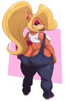  2021 absurd_res activision anthro bandicoot big_butt blonde_hair breasts butt clothing coco_bandicoot computer crash_bandicoot_(series) female green_eyes hair hi_res huge_butt laptop long_hair mammal marsupial ponytail side_boob smile solo sssonic2 video_games 