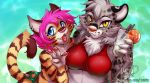  2020 anthro beverage blue_eyes breasts brown_body brown_fur clothed clothing duo ear_piercing ear_ring felid female fur grey_body grey_fur hair inuki mammal pantherine pawpads piercing pink_hair pink_nose snow_leopard striped_body striped_fur stripes swimwear tongue tongue_piercing yellow_eyes 