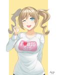  1girl ;d aori_sora barbara_(genshin_impact) blonde_hair blue_eyes blush breasts casual clothes_writing dated english_text genshin_impact heart highres long_sleeves looking_at_viewer medium_breasts new_year one_eye_closed open_mouth shirt signature smile solo t-shirt twintails white_shirt 