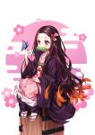  1girl arm_up bit_gag black_hair black_robe box brown_hair bug butterfly checkered_obi forehead full_body gag gradient_hair highres insect japanese_clothes kamado_nezuko kimetsu_no_yaiba kimono leg_warmers long_hair multicolored_hair n15e obi pink_eyes pink_kimono ribbon robe sandals sash sitting solo tabi very_long_hair wooden_box 