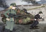  4girls assault_rifle blonde_hair blue_eyes breasts brick_road caterpillar_tracks commentary_request day grey_hair ground_vehicle gun hat highres house kriegsmarine long_hair military military_hat military_uniform military_vehicle motor_vehicle multiple_girls original panzerkampfwagen_panther rifle saitou_kaoru_(nashorn) short_hair sky smoke stg44 tank uniform weapon window world_war_ii 