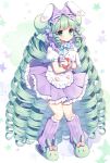  1girl :o animal_ears apron bangs blue_eyes bow bunny_ears commentary_request commission drill_hair eyebrows_visible_through_hair frilled_apron frilled_bow frilled_skirt frills full_body green_footwear green_hair hair_bow heart highres kneehighs long_hair looking_at_viewer mauve object_hug original parted_lips pixiv_request pleated_skirt puffy_short_sleeves puffy_sleeves purple_bow purple_legwear purple_skirt shirt short_sleeves simple_background skirt slippers solo standing starry_background stuffed_animal stuffed_bunny stuffed_toy very_long_hair waist_apron white_apron white_background white_shirt 