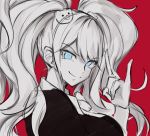  1girl \m/ bangs bear_hair_ornament black_shirt blue_eyes breasts closed_mouth commentary_request danganronpa_(series) danganronpa_v3:_killing_harmony enoshima_junko eyebrows_visible_through_hair from_side hair_between_eyes hair_ornament hand_up highres iumi_urura large_breasts long_hair looking_at_viewer red_background shirt simple_background sketch smile solo spot_color twintails upper_body 