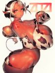  1girl 2021 animal_ears animal_print ass bare_shoulders bell bikini black_hair breast_lift breasts bridal_gauntlets chinese_zodiac commentary cow_ears cow_girl cow_horns cow_print cow_tail cowbell curvy dark_skin dated from_side fumio_(rsqkr) gigantic_breasts highres horns huge_ass looking_at_viewer multicolored_hair original parted_lips print_bikini short_hair skindentation solo swimsuit tail thick_thighs thighs translation_request two-tone_hair white_background white_hair 