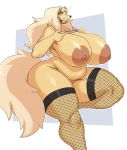  2021 absurd_res anthro big_breasts breasts canid canine canis clothing curvy_figure domestic_dog ear_piercing ear_ring female fishnet fishnet_legwear hi_res huge_breasts legwear mammal nipples nude piercing solo sssonic2 thick_thighs tie_(l-a-v) voluptuous wide_hips 