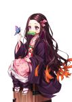  1girl arm_up bit_gag black_hair black_robe box brown_hair bug butterfly checkered_obi forehead full_body gag gradient_hair highres insect japanese_clothes kamado_nezuko kimetsu_no_yaiba kimono leg_warmers long_hair multicolored_hair n15e obi pink_eyes pink_kimono ribbon robe sandals sash sitting solo tabi very_long_hair wooden_box 