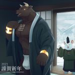  2021 anthro asian_clothing barazoku bovid bovine brown_body brown_fur bulge cattle chinese_new_year chinese_zodiac clothing detailed_background duo east_asian_clothing eyes_closed fundoshi fur hat headgear headwear hi_res holidays humanoid_hands japanese_clothing kemono kumao male mammal murid murine muscular muscular_male new_year rat rodent snow underwear white_body white_fur year_of_the_ox 